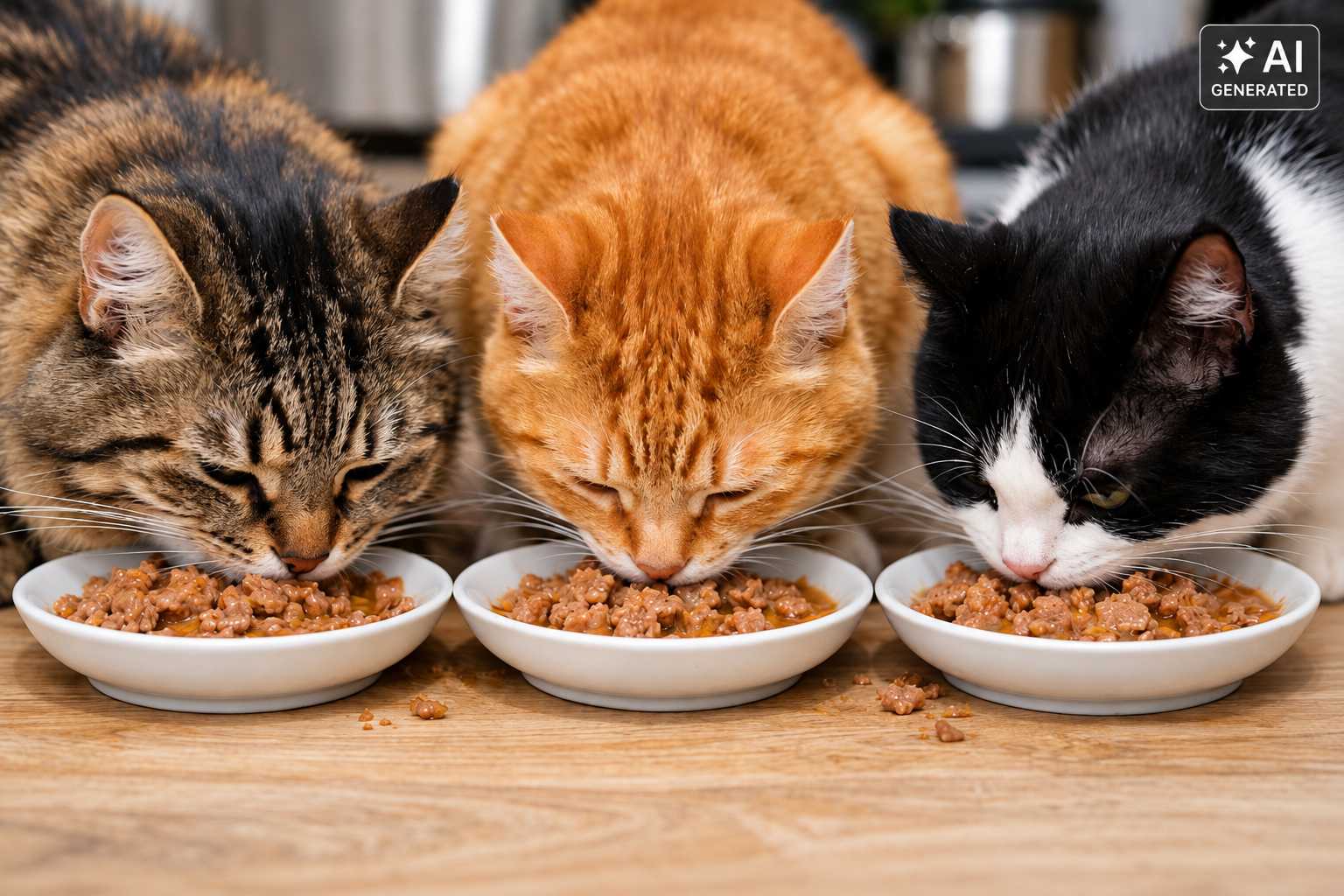 Drei Katzen fressen gemeinsam aus Futternäpfen mit Katzenfutter